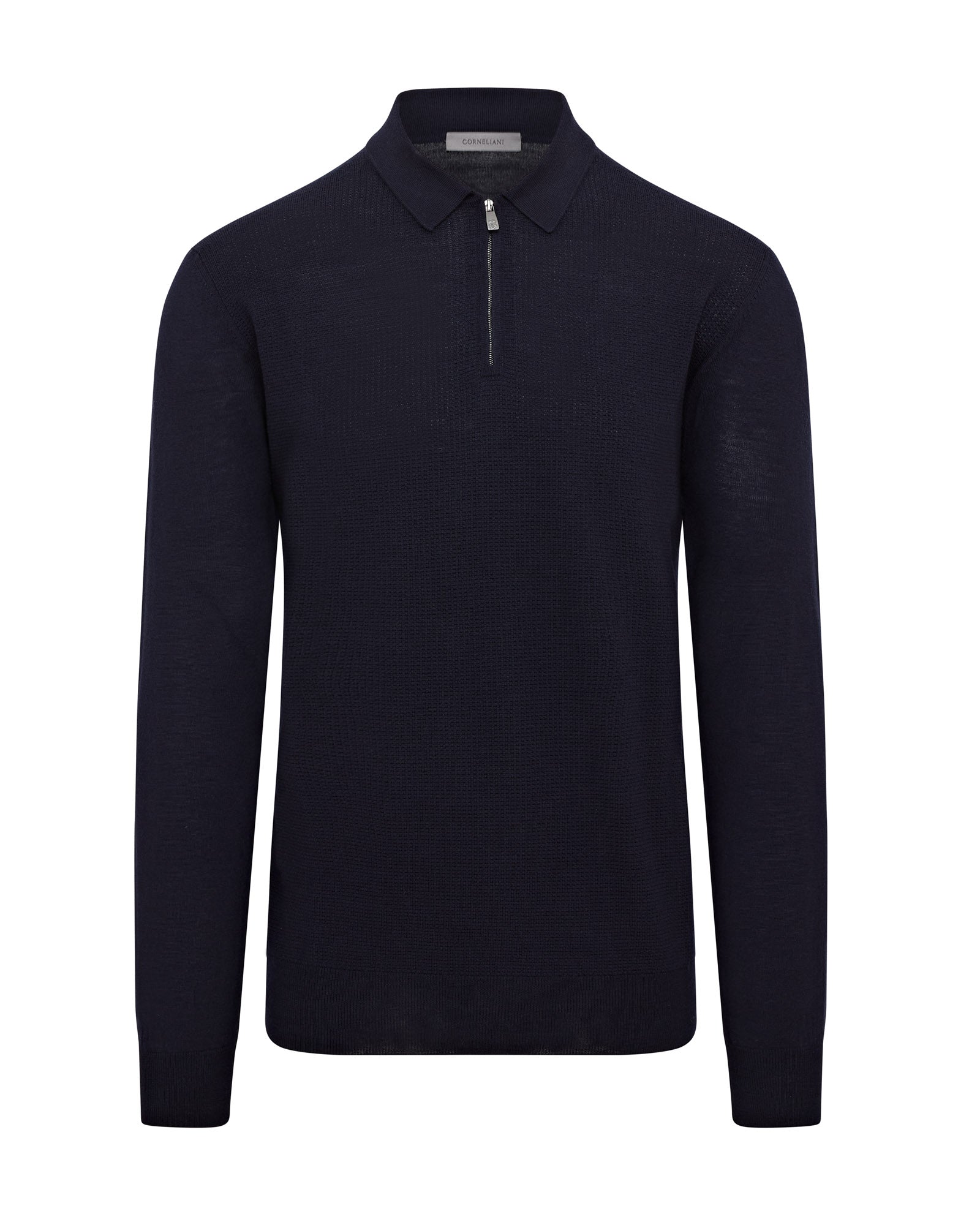 Corneliani Extra Fine Merino Micro Stitch Long Sleeve Zip Polo Navy